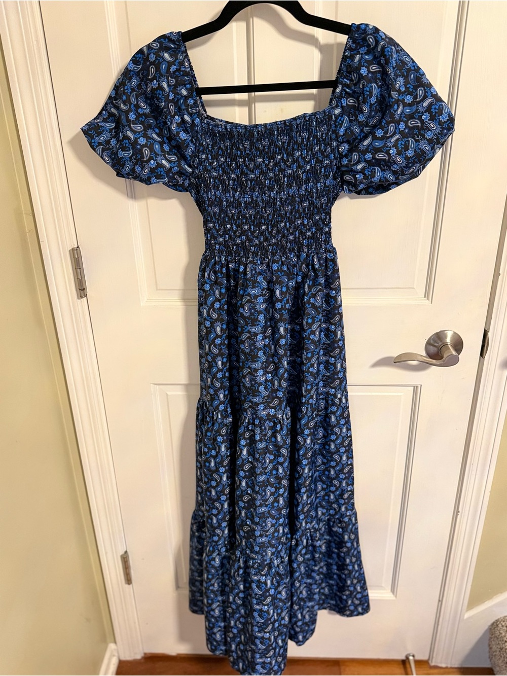 Smocked Blue Paisley Maxi Dress with Puff Sleeves